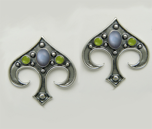 Sterling Silver Gothic Inspired Drop Dangle Earrings With Grey Moonstone And Peridot